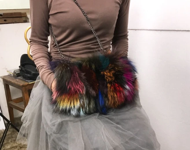 Mujer 100% Piel de Zorro Real Bolso de Mano Cartera Bolso Bandolera Cadena para el Hombro Foto 3 de 4