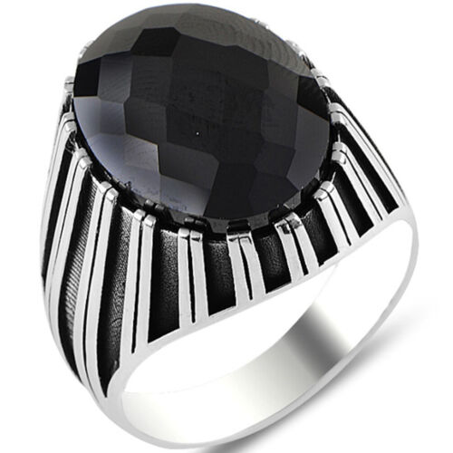 Solid 925 Sterling Silver Modern Design Black Zircon Stone Men's Ring - Picture 1 of 2