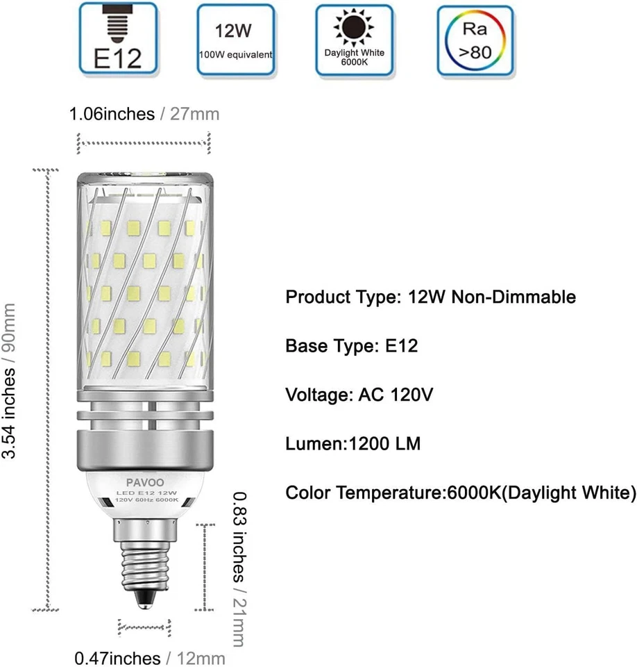 E12 LED Light Bulbs, 12W LED Candelabra Bulbs 100 Watt Equivalent, 1200LM, 6000K - Image 4 of 4