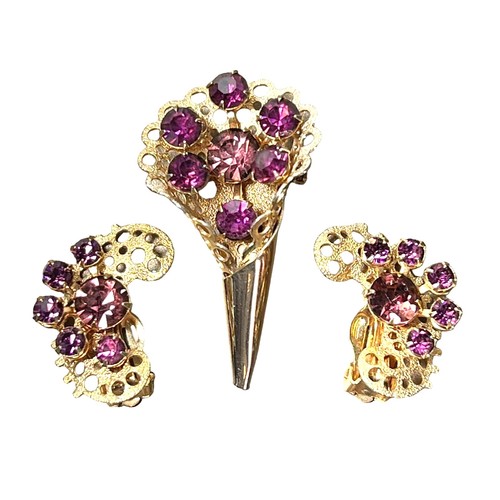 Vtg Purple Flower Brooch & Earrings Set Bouquet Gold Pin Rhinestones Retro Glam - Picture 5 of 13