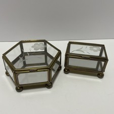 Vintage Brass  Glass Trinket Jewelry Boxes Set Of 2 Etched Mirrored Bottom