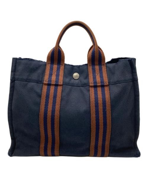 HERMES Fool Tote PM Handbag in Navy and Brown Leather