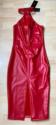 NOIR HANDMADE schulterfreies Midi-Kleid F354 in Powerwetlook in Knallrot Größe M