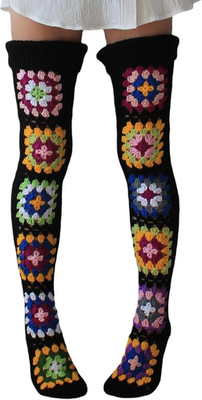 Crochet Thigh High Socks Granny Square Over Knee High Retro Knitted Stocking Col