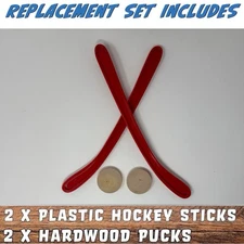 New Replacement Set of 2 Red Sticks & 2 Wooden Pucks for Nok Hockey Game Carrom