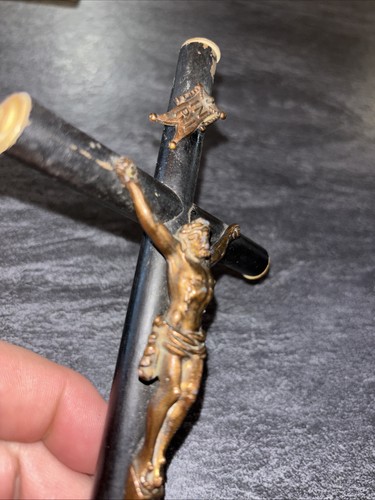 Antikes französisches viktorianisches ebonisiertes Holz/Metall Golgatha Kruzifix Ende 19. Jahrhundert - Bild 21 von 24