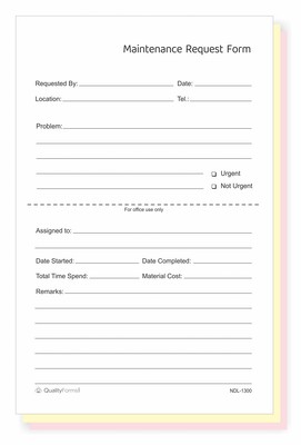- Maintenance Request Forms 5-1/2'' x 8-1/2'' NCR Carbonless (3 Part, 100 Sets)