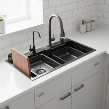 Modern Kitchen Sink Single Bowl Stainless Steel Black Set With Pull Out Faucet
