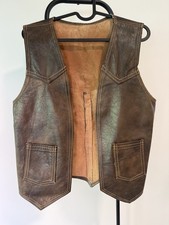 Vintage 70s Brown Leather Western Vest Patch Pockets XS S 16.5 Pit To Pit Cowboy