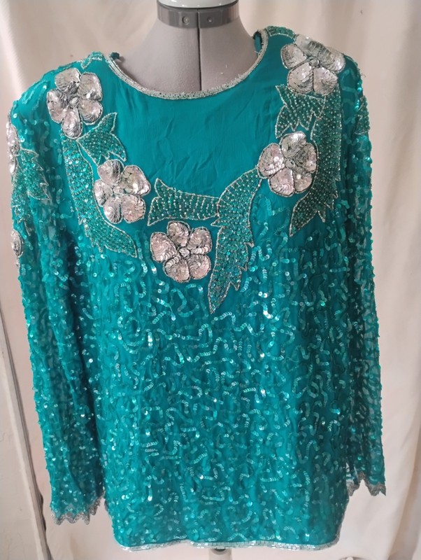 Vintage LESLIE FAY Evenings Xl Top Teal Beaded Sequin Flowers Silk Blouse