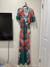 Lulus Green Floral Wrap Maxi Dress V-Neck Flutter Short Sleeve Size M