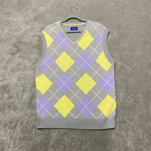 Jack Jones Knitted Sweater Vest Mens 42in Chest Grey Purple Argyle Diamond Golf