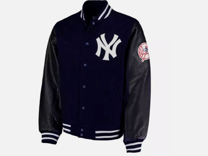 NY Yankees Men's Navy Blue Letterman Varsity Jacket with Black Leather Sleeves