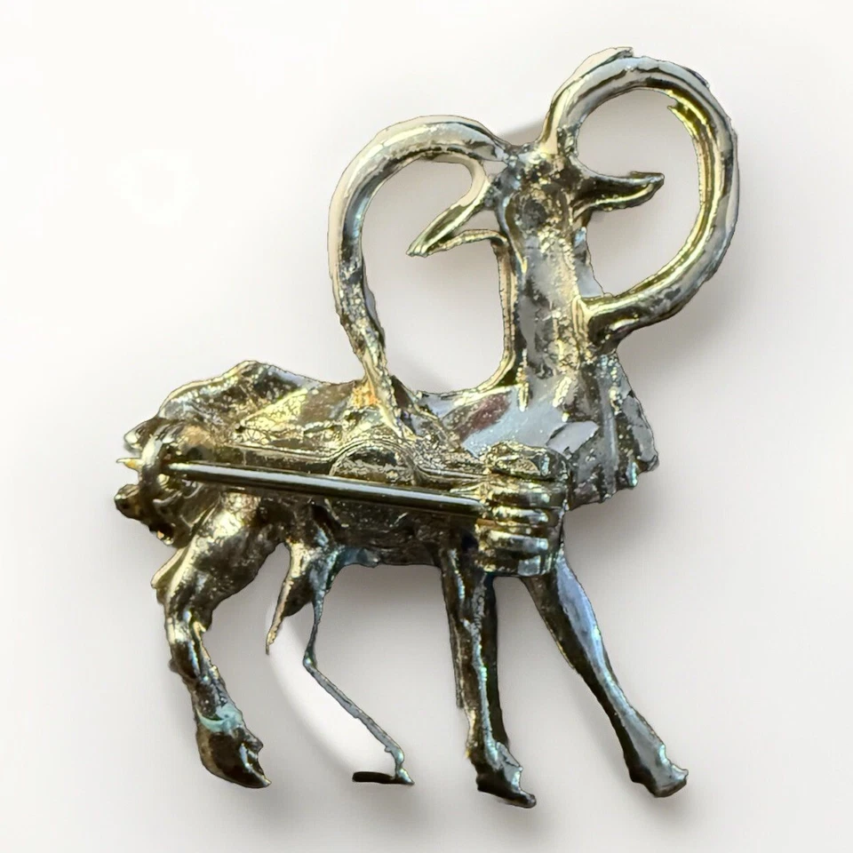 Vintage Goat Pin Gold Tone With Curled Horns - Light Green Body, Black Hooves - Image 2 of 4