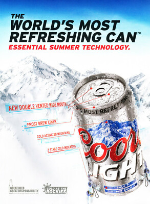 COORS BEER AD #31 RARE 2013 ''THE WORLD'S MOST REFRESHING CAN'' ESSENTIAL SUMMER..