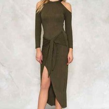 Nasty Gal Rachel Cold Shoulder Khaki Green Dress S/M
