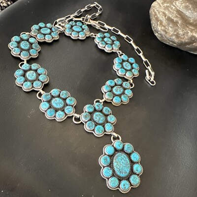 Cluster Lariat Blue Kingman Turquoise Necklace Pendant Navajo 30  18795