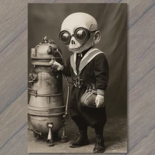 Art Print Big Eyed Skeleton Boy Nautical Suit Holding Bag SciFi Surreal Emo Odd