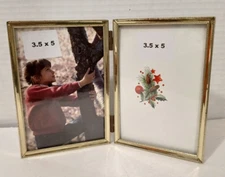 Antique Gold Brass Double 3.5 x 5 Picture Frame Table Top