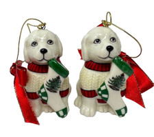 Spode Set of 2 Christmas Puppy Dog Ornaments with Red Bows  Stockings