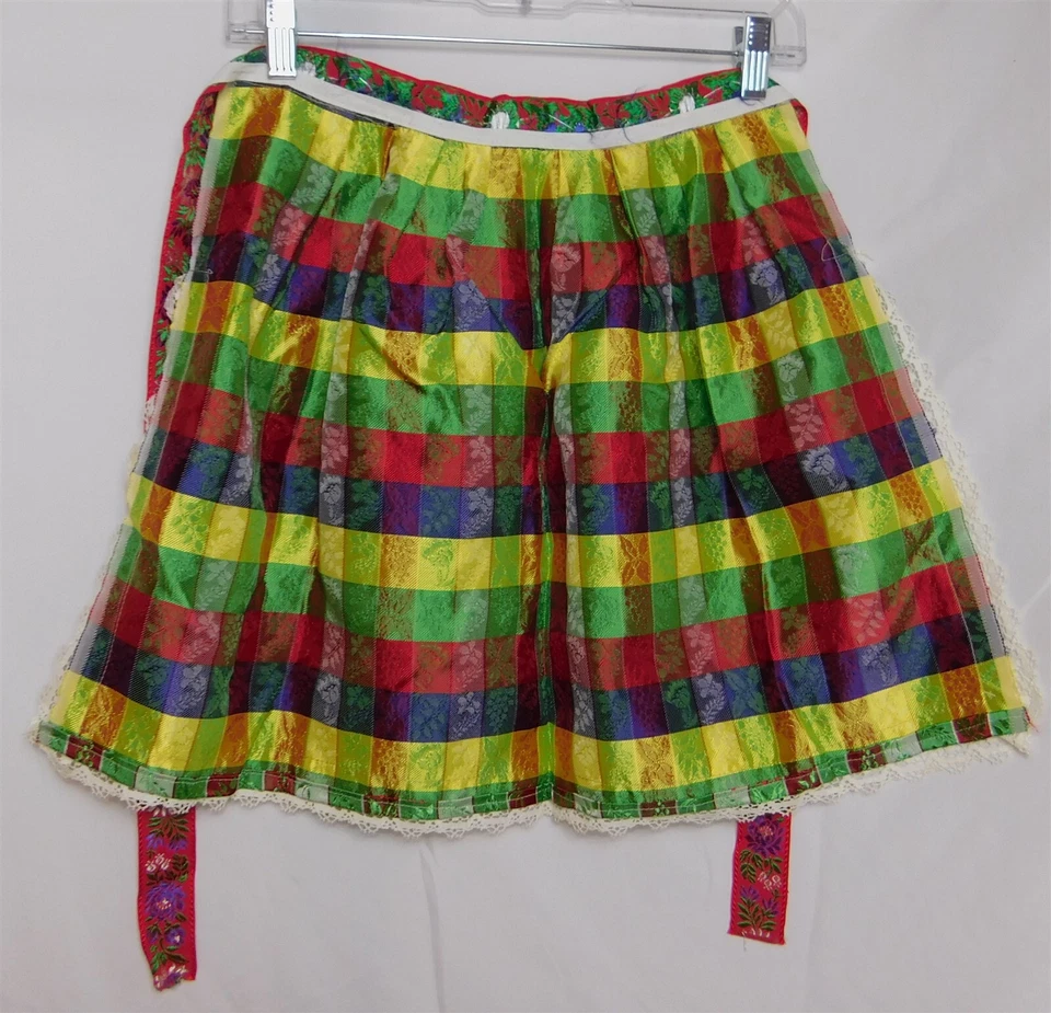 Vtg Kitchen Half Apron Floral Lace Plaid Red Green Blue Yellow Tie Back - Image 4 of 4