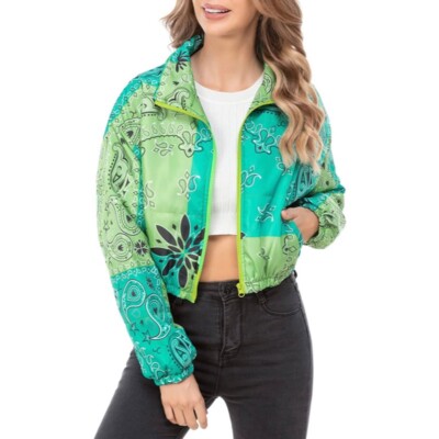 Women's Quilted Lightweight Coat Cropped Bandana Jacket Size M