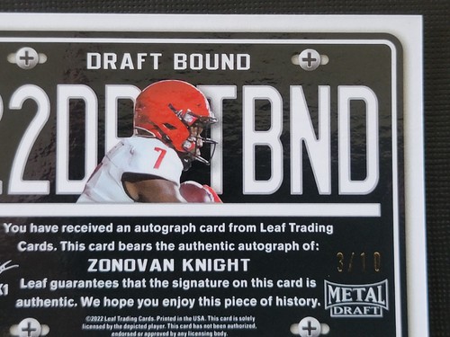 Zonovan Knight 2022 Leaf Metal Draft Bound Pink Ice Autograph Football Card 3/10 - Picture 8 of 10