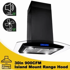 Glass Island Mount Range Hood 30 inch Cook Vent 900CFM Black Digital Display New