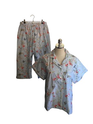 Ella Simone PJ Set Women's Size Medium Blue Red Floral Short Sleeve Top & Pants
