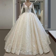 Luxury Ball Wedding Dresses V Neck Lace Applique Chapel Train A-line Bridal Gown