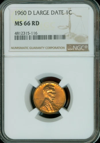 1960-D Large Date Lincoln cent Graded MS66 RD by NGC 