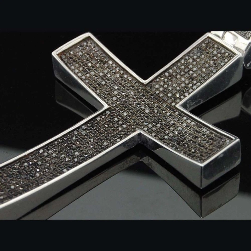 2 Ctw Black Diamond 14K White Gold Plated Pave Cross Charm Men's Pendant 3.3" - Image 2 of 4