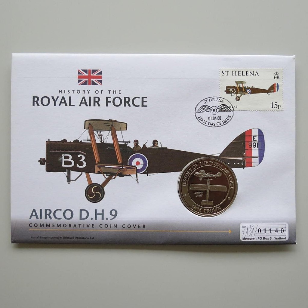 2008 History of the RAF Airco DH9 Aircraft 1 Crown Coin Cover - St Helena PNC First Day Covers - Royal Air Force