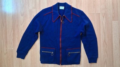 Vintage 70s Mod Leisure Knit Jacket Ring Zipper Acrylic Sweater Retro Small