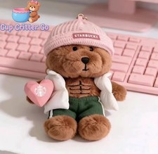 New 2026 China Starbucks Pink Hat Heart Abdominal Muscle Bear Keychain