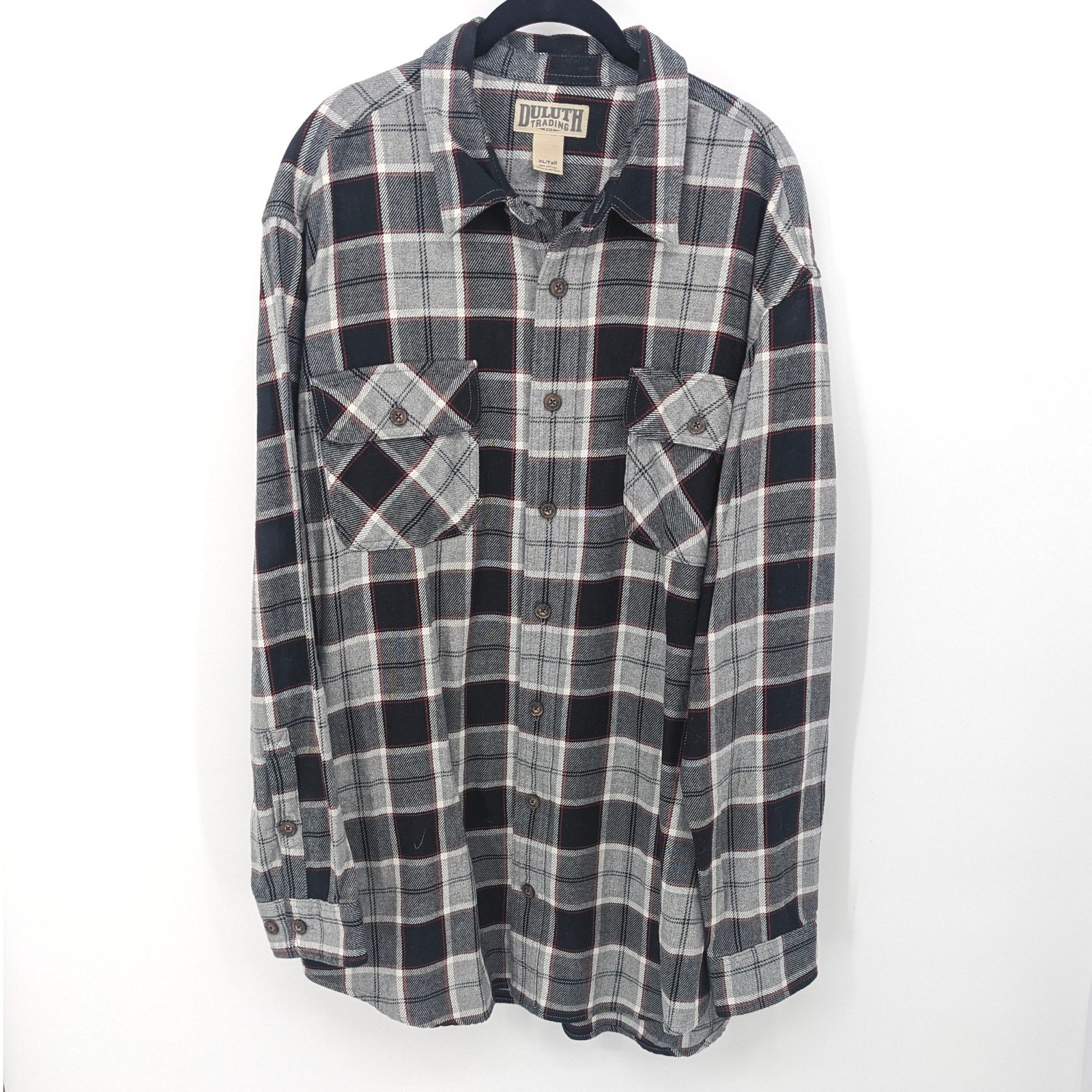 Duluth Trading Co Flannel Shirt Mens XLT Tall Gray Plaid Long Sleeve Heavy Top