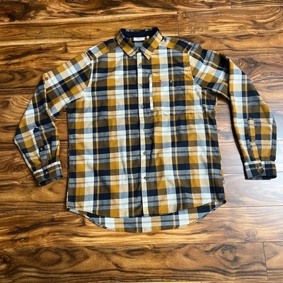 Fjallraven Fjallglim Shirt Mens Medium Mustard Yellow Plaid Flannel Hiking 81380