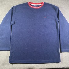 Y2K Tommy Jeans Navy Blue Fleece Pullover Sweatshirt Flag Logo Men M Deep Pile