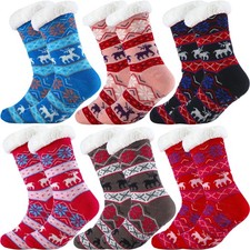 6 Pairs Christmas Fuzzy Slipper Socks For Women Grippers Non Slip Warm Fleece
