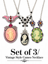 3 Set x Black Pink Angel Lady Cameo Vintage Style Dangle Pendant Chain Necklace