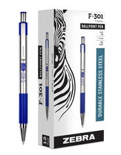 Zebra Pen F-301 Ballpoint Pen, Fine 0.7mm Blue, Refillable Stainless Steel, 12-P