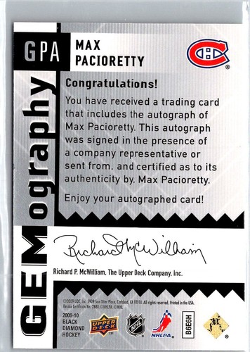 2009-10 Black Diamond Gemography Max Pacioretty Auto #GPA - Picture 2 of 2