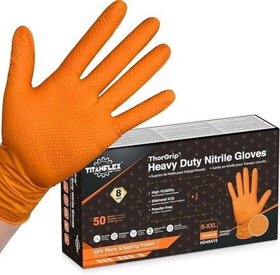 Thor Grip Heavy Duty Industrial Orange Nitrile Gloves with Raised Diamond Tex...