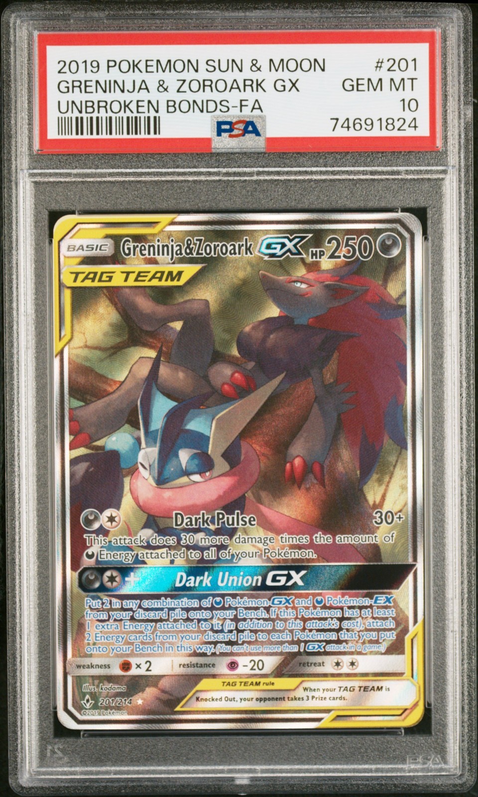 PSA 10 Greninja & Zoroark GX (Alternate Full Art) 201/214 Sm-Unbroken Bonds