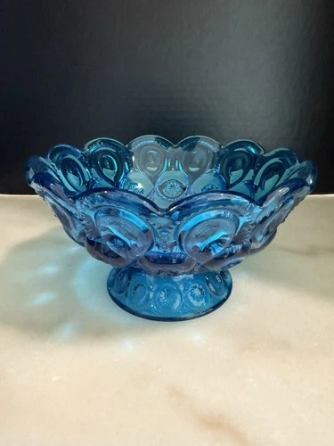 Vintage LE Smith Moon and Stars Blue Glass Compote Bowl Candy Dish