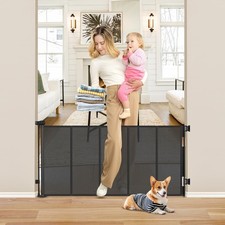 Reinforced 26 Inch Tall Retractable Dog Gate to Step Over 55" Wide Short Mesh...