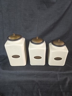 Set/ 3 Aged Cream Kitchen Canisters Wood Lids Brass Content Labels Food Safe