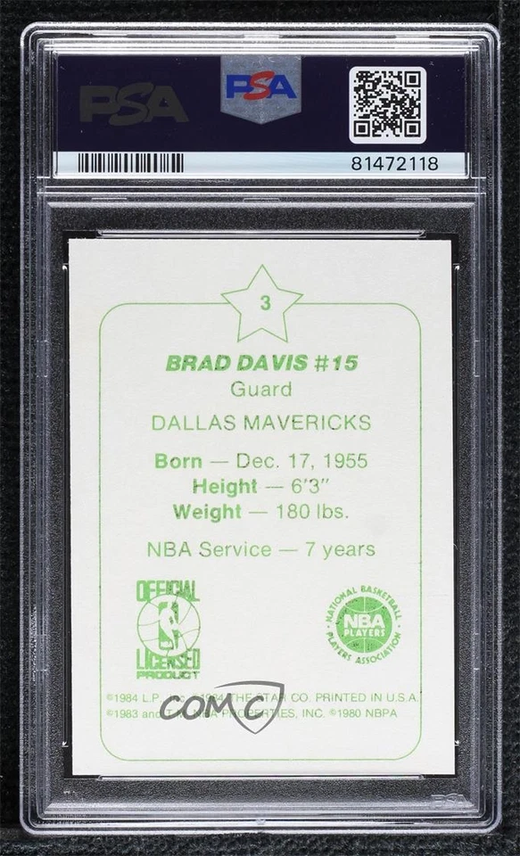1984-85 Star Arena Set Brad Davis #3 PSA 8 - Image 2 of 2