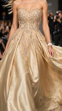 Champagne/Gold Ball Gown Wedding Dress Strapless Satin Beaded Full-Length