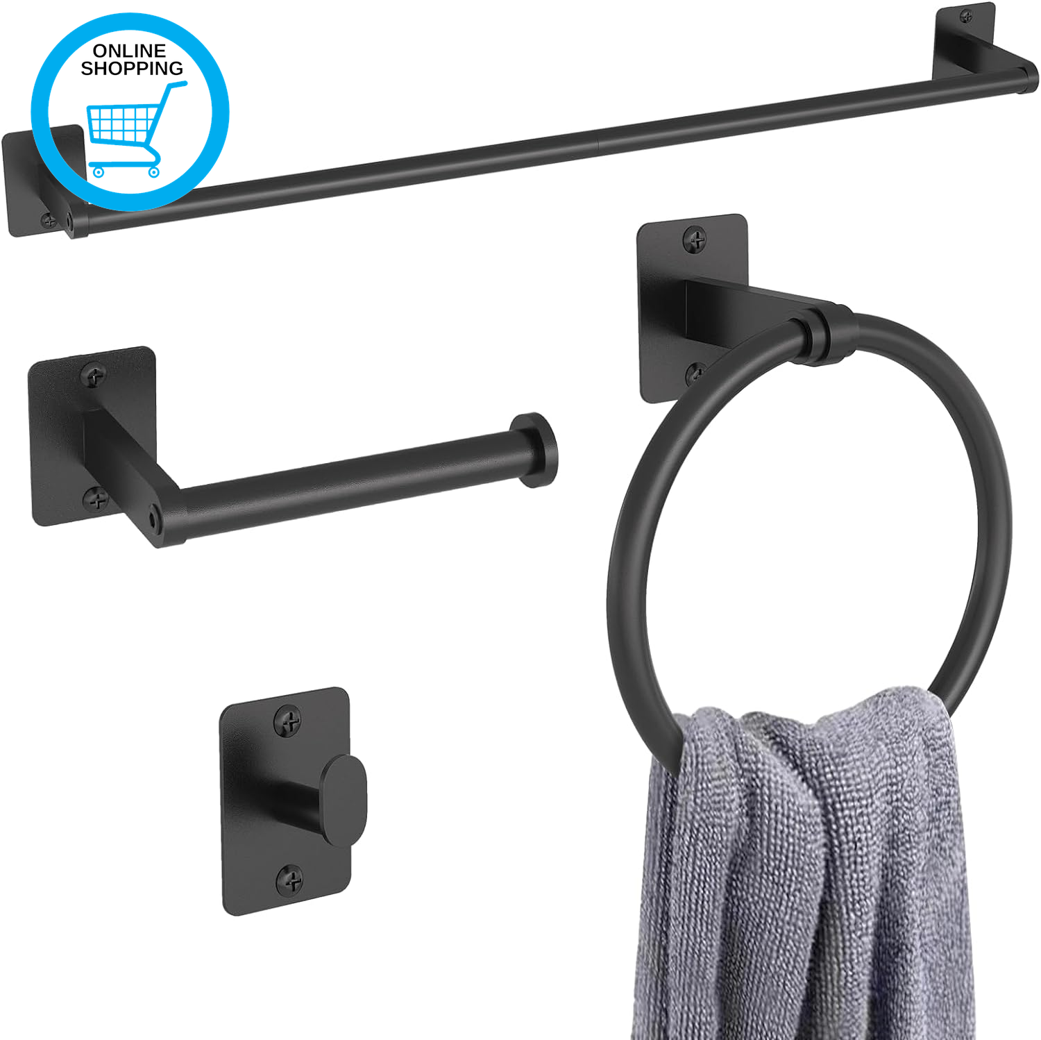 Toilet Roll Holder and Towel Rail Set,  4 Pieces Black Bathroom Accessories Set,